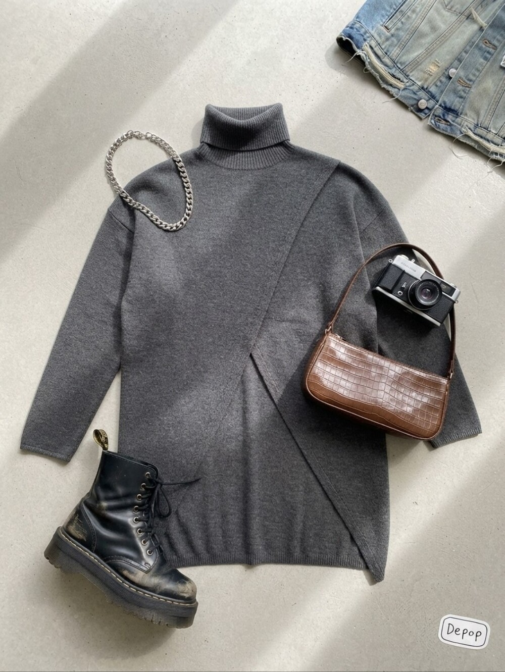 🌟Shein Curve Grey Turtleneck Asymmetrical Wrap Knit Sweater Dress Plus 3XL